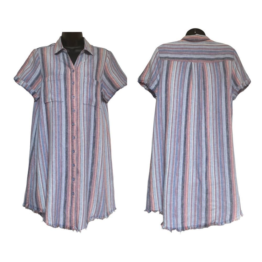 Caffe Marrakesh Linen Blend Striped Raw Hem & Sleeve Button Front Shirt Dress M